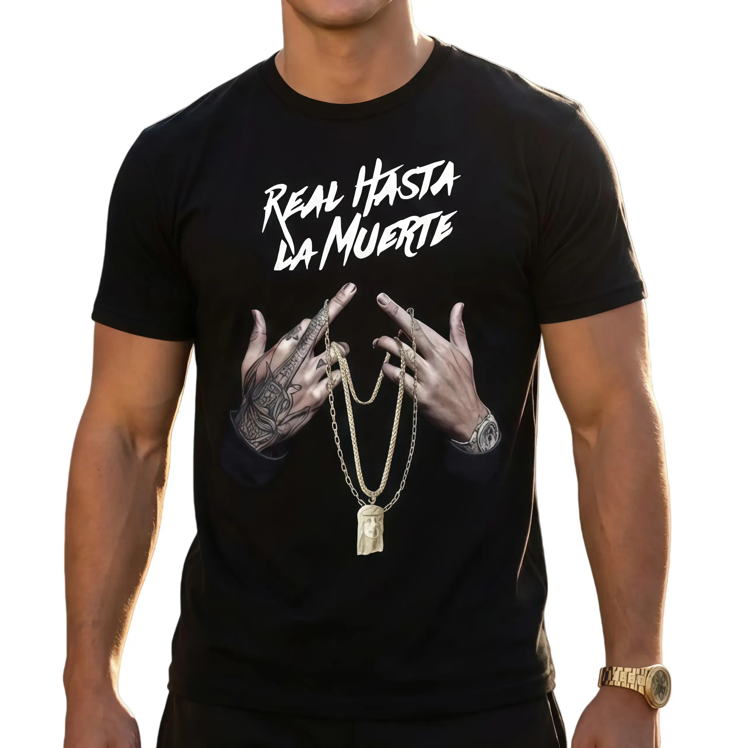 Cotton Graphic Tees with Real Hasta La Muerte Tattoo Hands Gift Tee Casual Fitted Crewneck Short Sleeve T-Shirt for Men & Women All Seasons Wear - Top, Menswear Casual Basic Tee