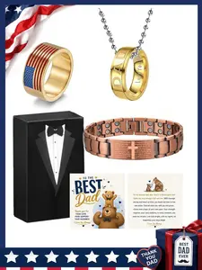 Father's Day gift set, including a cross-patterned copper magnetic bracelet and engraved ring, featuring the American flag design, a commemorative gift for July 4th, beautifully packaged.