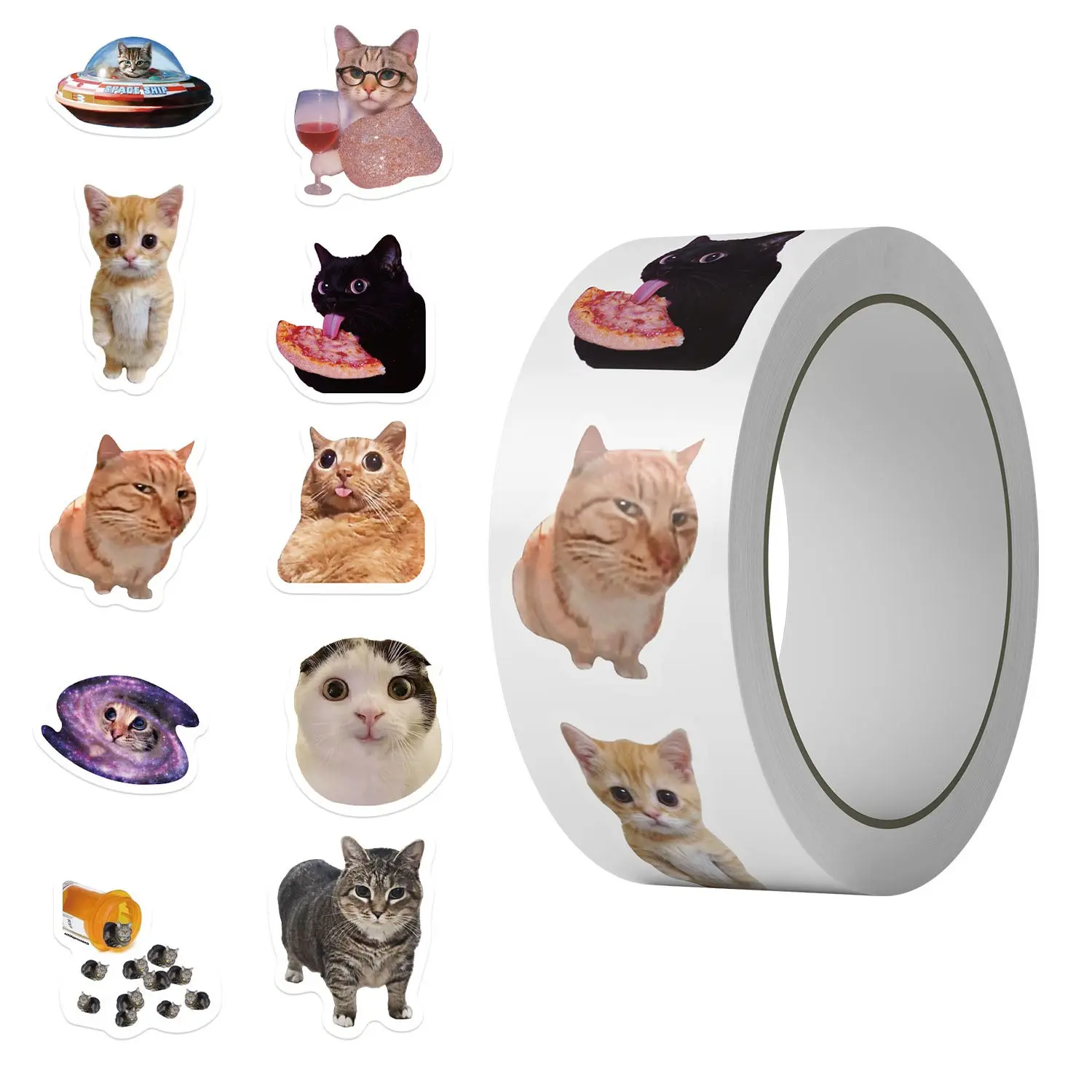500pcs Cat Emoji Stickers Roll, 10 Styles, Funny Cat Stickers, Cute Animal Stickers, Vinyl Waterproof Stickers, Cup Luggage Cellphone Phone Case Decor, Smartphone