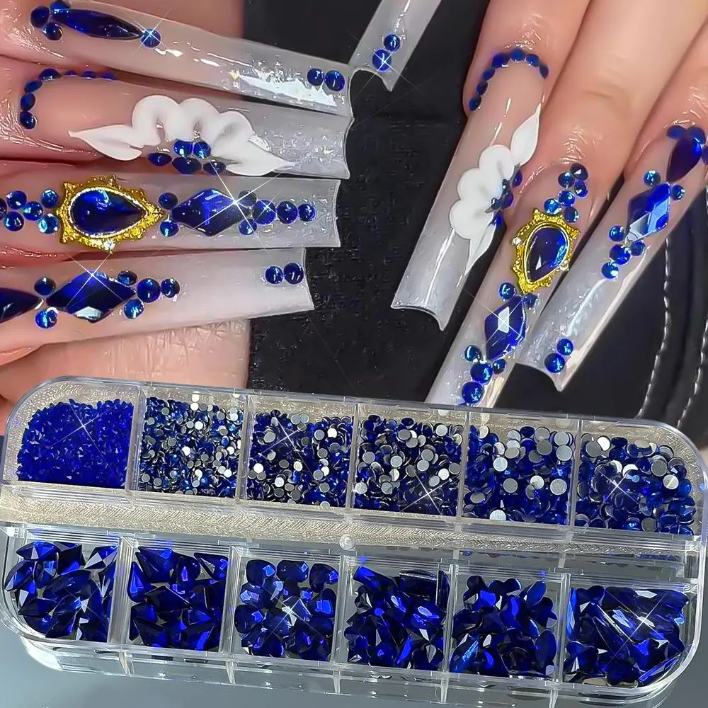 12Grids Blue Mixed Glass Rhinestones Nail Charms 3D Flatback Crystal Diamond Nail Jewelry Luxury Gemstone Nail Decoration Supply