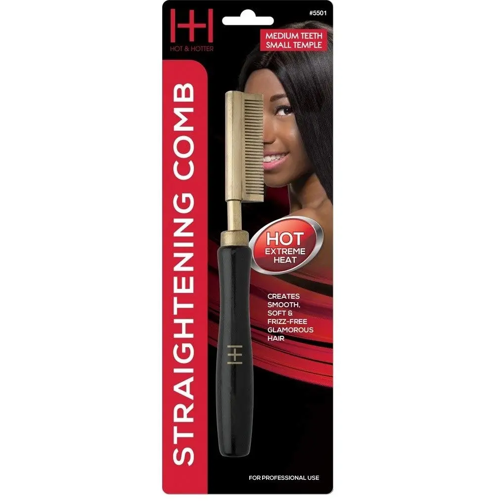 Hot & Hotter Thermal Straightening Comb - Medium Teeth (Model 5501) - Gold Finish Pressing Comb for Stove Top - Classic Manual Hair Straightener for Silk Press & Smoothing