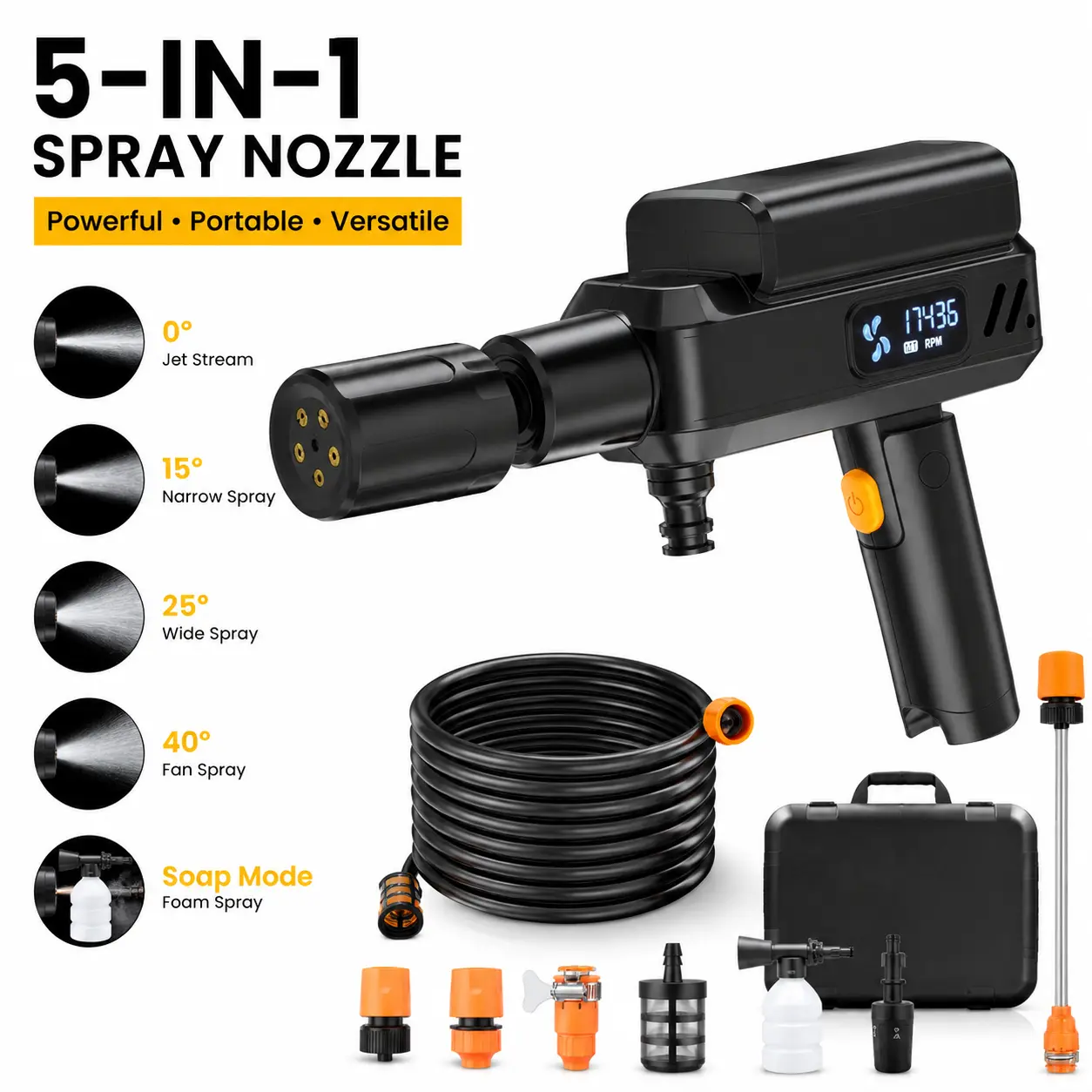 POHIR Cordless Portable Pressure Washer Full Kit, Foldable Type-C Charge Power Washer with 5-in-1 Nozzle, 174 PSI Max, 16FT Hose for Car, Patio, Cordless Pressure Washer