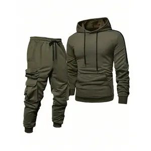 Men's Hooded Sweatshirt & Cargo Pants Set, Streetwear Tracksuit Set, Comfortable Breathable Fabric, Multiple Pockets, Ideal for Running & Outdoor Fitness