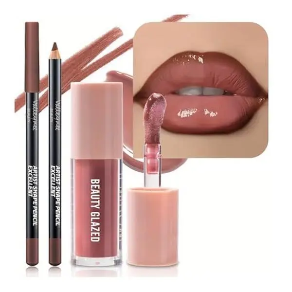 2Pcs/Set Lip Gloss & Lip Liner Set Mocha Brown – Lip Plumping Effect Lip Combo Set for Volume Lips, Fuller Looking Lips, High Shine Glass Lips Look, Gradient Lips & Over Lip Makeup Viral Lip Combo