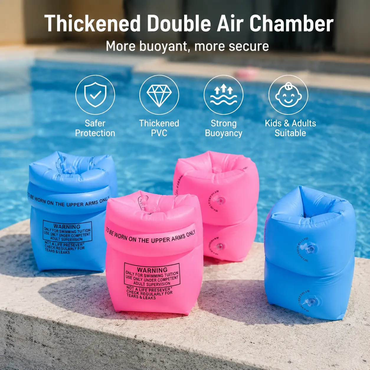 Inflatable Swim Arm Bands (1 Pair) - Double Air Chamber Thick PVC Floating Sleeves with Adjustable Buoyancy & Flush Valve for Pool Water Activities