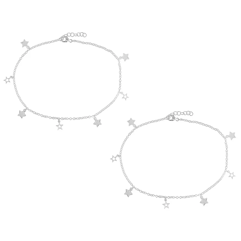 JTV Sterling Silver Star Charm Anklet Set of 2