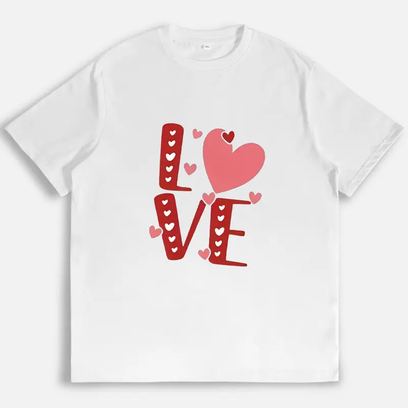 Women's Short-Sleeve Cotton Blend Heart Graphic Tee - Red, Romantic Valentine Couple Outfits Top with Casual Comfy Fit, Streetwear Daily Wear, Shortsleeve, Tshirt