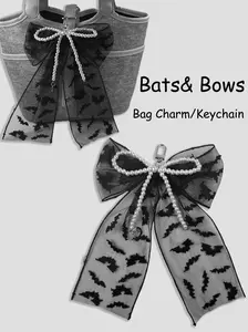 A Gothic-style bag charm featuring a bat pattern, lace material,&pearl bowknot, with a decorative keychain attached to the bag, Bag Decoration, Fashion bag charms