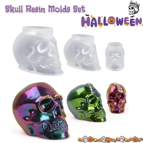 Skull Resin Molds Set – Large, Medium & Small 3D Silicone Skull Head Molds for Epoxy Resin, Soap, Clay & Candle Wax Casting – Halloween Crafts & Home Decorations