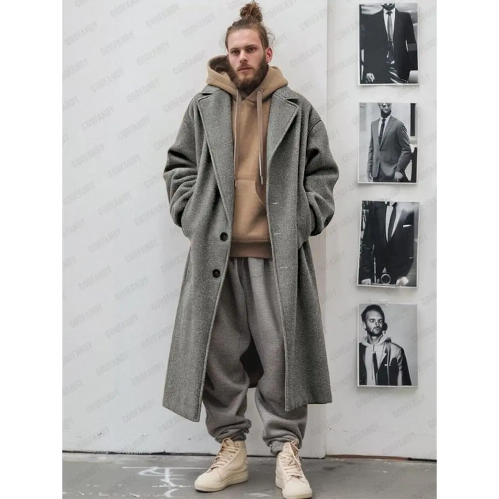 Coofandy Men's Basic Tweed Fabric Coat, Classic Button Front Utility Topcoat, Lined Clothes for Daily Commuting, Tops, Jackets, Street Style, Casual, Cold Wash, Dry Clean, Plain, Classic Cut, Easy To Style, Long, Lapel