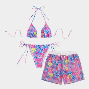 His & Her Tropical Floral Couple Beachwear Set, Micro Bikini Push Up Women Swimsuits, Summer Outfit Ideas, Honeymoon Gift, Party Bikini & Mesh Shorts