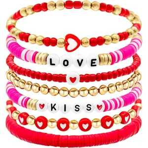 Valentines Bracelet for Women Clay Bead Bracelet Heishi Surfer Bracelets Set Love Heart Valentines beaded Bracelets Bulk Cute Pink Red Stackable Stretch Bracelets for Valentines Accessories Jewelry Gifts  Valentine's Day gift