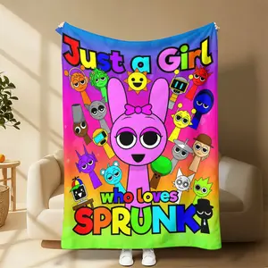 Soft Funny Throw Blanket Sprunki Game Theme Flannel Blanket Bright Cartoon Design With "Just A Girl Who Loves SPRUNKI" Text,Suitable For Bed Sofa  A gift suitable for fans, friends and children