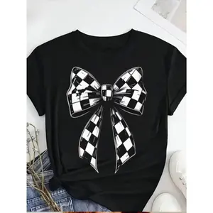 Women's 100%25 Cotton Round Neck T-Shirt - Black Casual Short Sleeve Tee with White Checkered Bow Print, Machine Washable Spring Summer Fall Top for Mother's Day, Memorial Day, Juneteenth.......