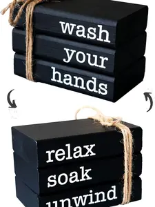 Farmhouse Mini Book Stack for Bathroom Decor - 2 Signs in 1 Reversible Wooden Mini Books for Restroom Shelving