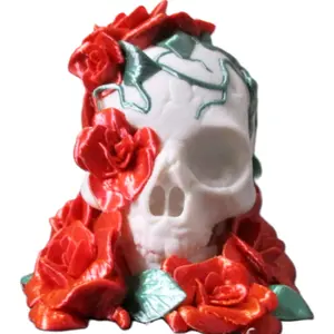 Day of the Dead Skull with Red Roses and Green Leaves or Pink Skull with all Black Decorative Figurine for Home Decor Artistic Design