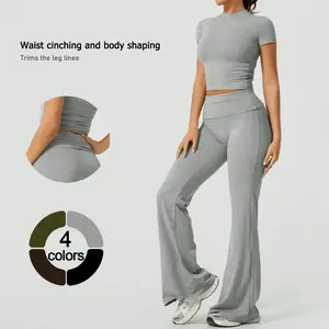 TimeOFF Women's 2-Piece Short-Sleeve Crop Top & High-Waist Flared Leggings Set, Waist Cinching & Body Shaping, Trims Leg Lines, Solves Figure-Enhancing & Flexible Fit Need for Yoga, Fitness Workouts & Active Lifestyle Scenarios,sweatsuits women