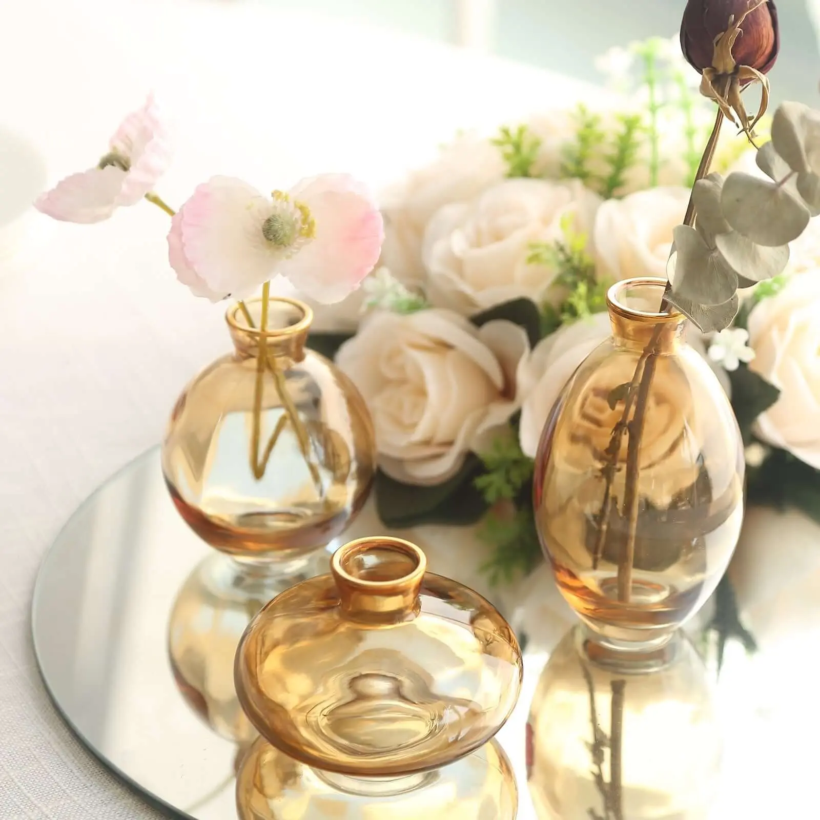 3-Piece Metallic Gold Rim Glass Bud Vases, Modern Table Centerpieces & Decor for Flowers, Assorted Sizes for Home Decoration & Windowsill