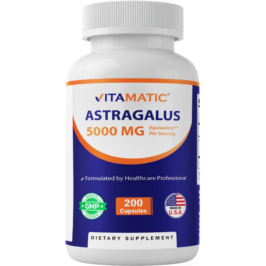 Vitamatic Astragalus Botanical Extract Herbal Supplement - 5000mg per Serving, 200 Veg Capsules, Non-GMO, Gluten-Free, Vegetarian Vegan, Magnesium-Infused for Adults (Take 1 Capsule Daily, Boost Immune System Naturally; Consult Doctor)