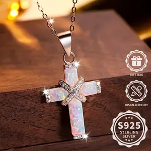 S925 Sterling Silver Cross Pendant Necklace, Inlaid with Opal, Hypoallergenic Jewelry, Bohemian Retro Style, Anniversary, Birthday Various Festivals Perfect Gift