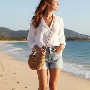 Minimalist Solid Color Half Circle Handbag  Bohemian Style Crossbody Bag for Beach Shopping Trip with Removable Strap