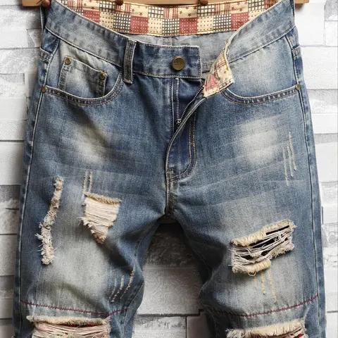 Men's Regular Fit Plain Ripped Denim Shorts, Distressed Jeans Shorts, Casual Comfy Fashion Cowboy Style Shorts for Summer, Men's Bottoms for Daily Wear, Trendy Short, Casual Fitted Shorts