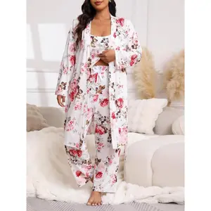 Three-Piece Set Floral Print Belted Lounge Robe & Cami Top & Elastic Waist Pants Pyjama Set, Elegant Comfy Drop Shoulder Long Sleeve Robe & Sleeveless Top & Bow Decor Trousers PJ Set, Women's Sleepwear for Spring & Fall, Pajamas