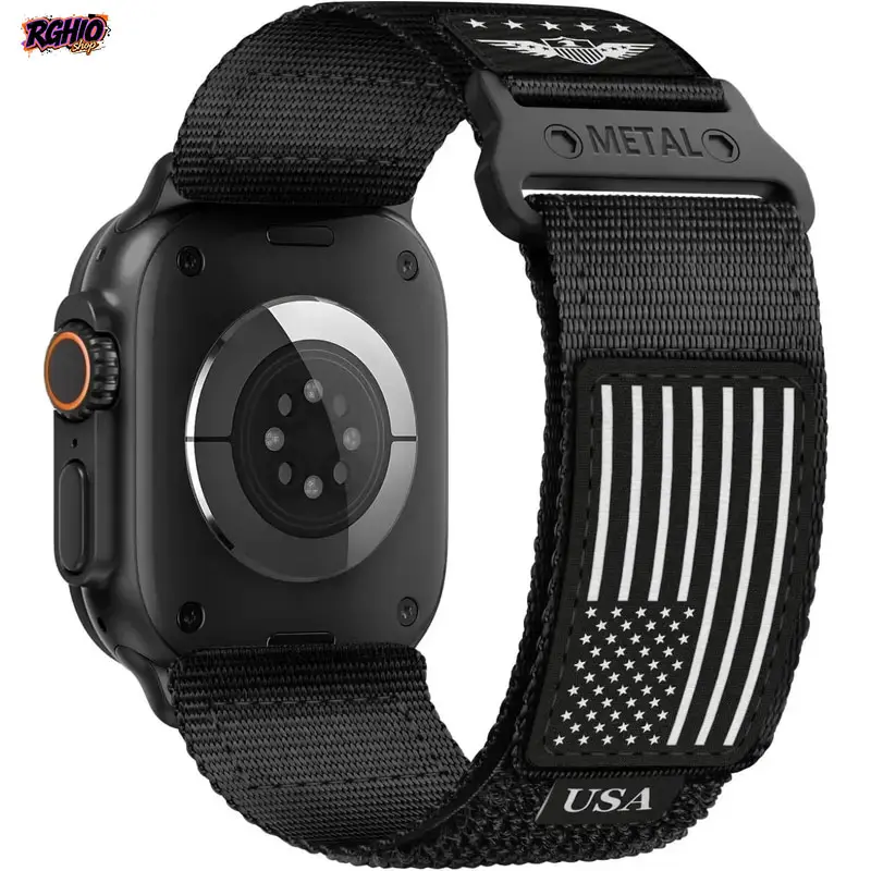 Flag Stars-Stripes Tactical Print Nylon Fabric Smart  Replacement Band, Rugged Outdoor Strap for Multi-Size 42-49mm Devices, Men’s Casual Wrist Accessory for Everyday Outfits & Wilderness Trips fashionable metallic  band workout two tone watch summer