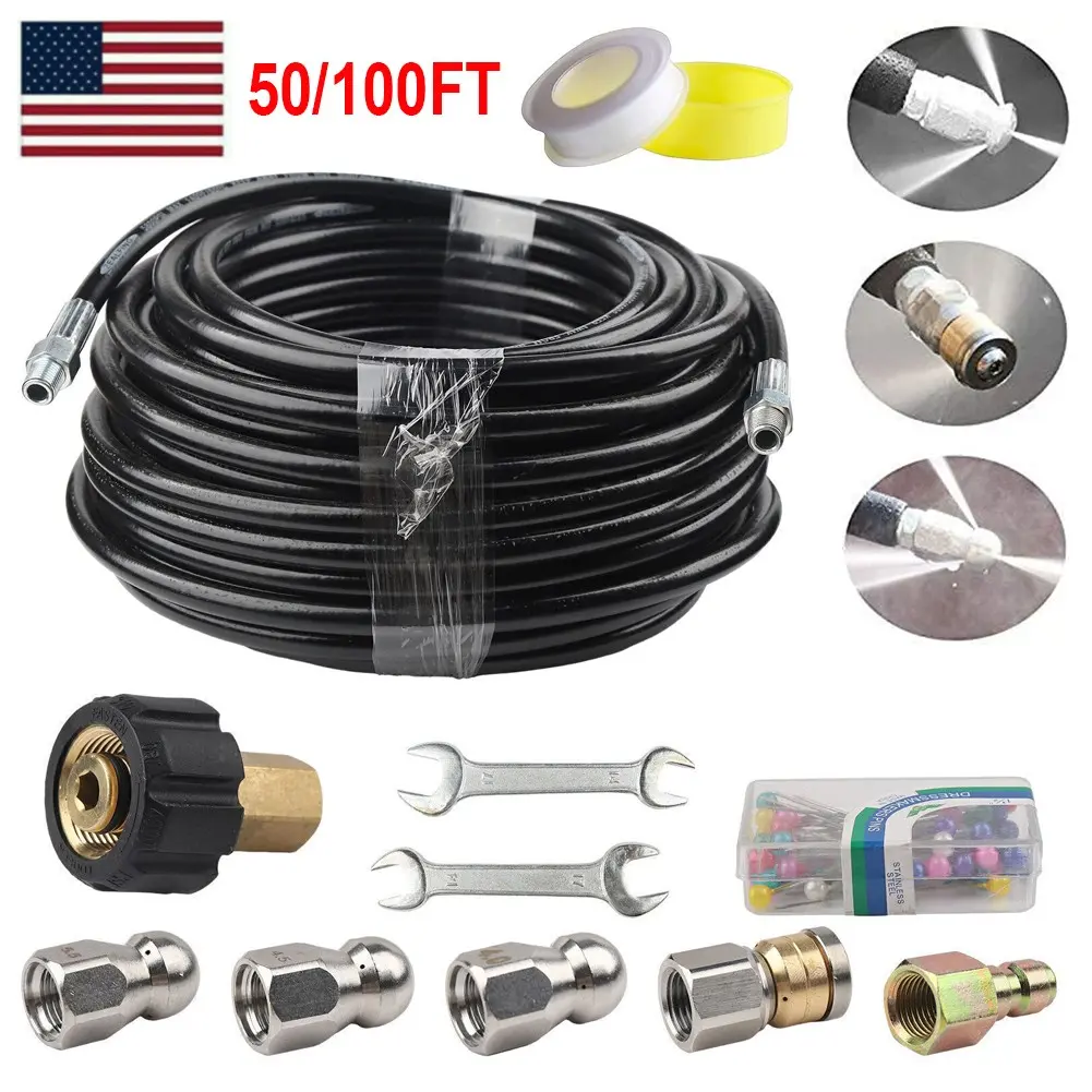 SJPACK Sewer Jetter Nozzles Kit with 5800PSI High Pressure Hose (50FT/100FT US Black Reinforced Chemically Bonded Polyester Weave), 6 Nozzles & Tools for Washers