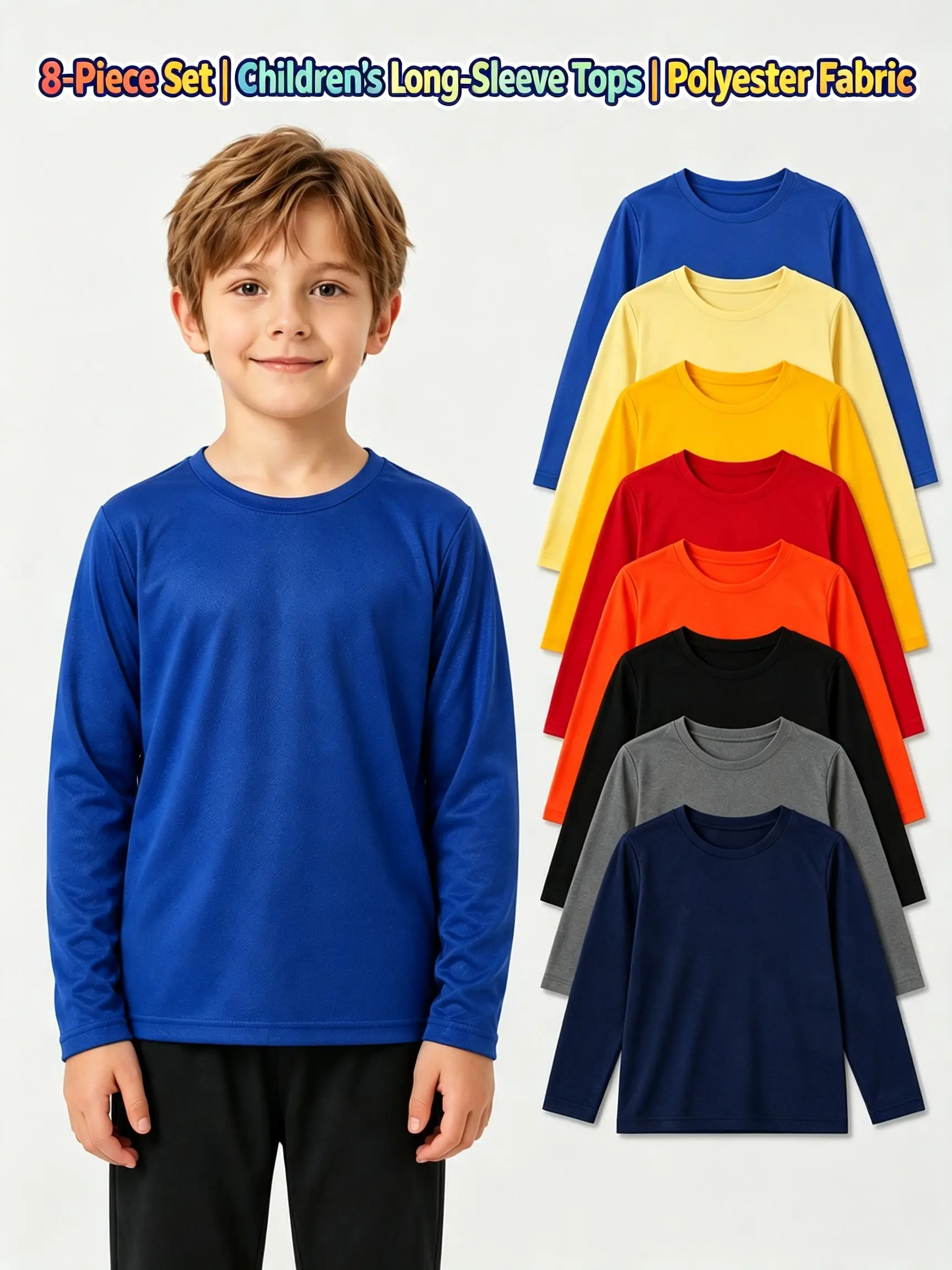 Kids Long Sleeve T Shirts 8 Pack for Boys Girls Ages 4-16, Crew Neck Breathable Bird's Eye Mesh Tee Shirts, Lightweight Quick Dry Athletic Casual Tops, Soft Comfortable Solid Color Shirts for School Play Outdoor Home,Multipack