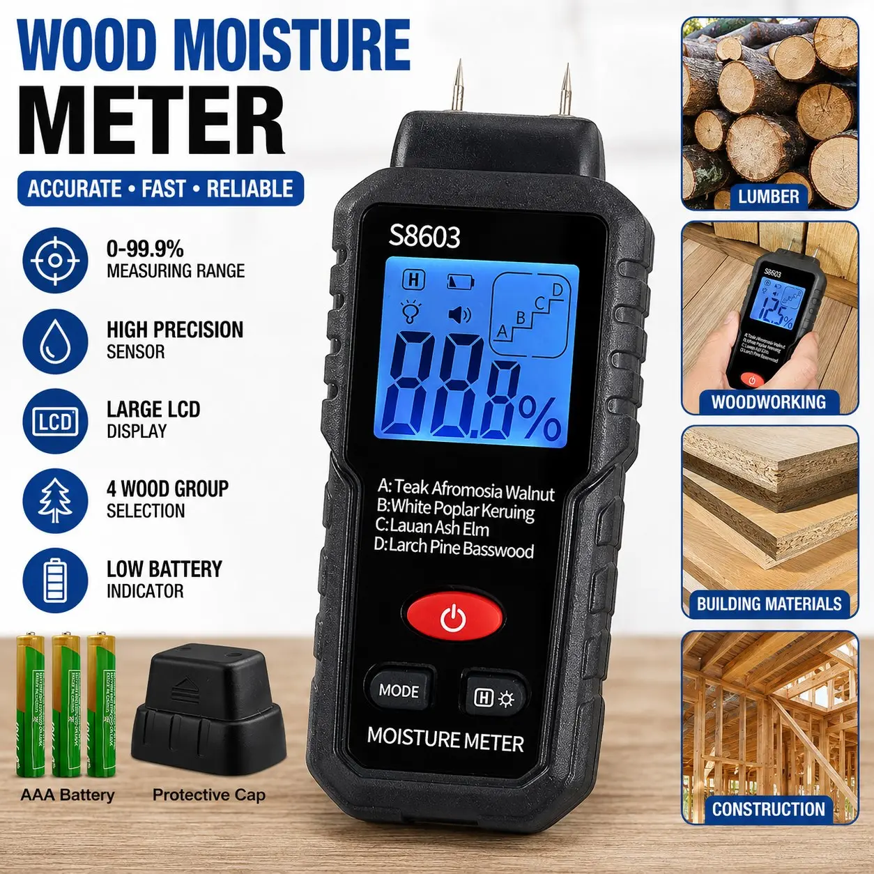 Digital Wood Moisture Meter, 2-Pin Moisture Tester for Firewood, Lumber, Timber and Boards, 0-99.9% Range, Backlit LCD, Wood Group Settings A-D, Hold Button and Pin Cap, for Woodworking and DIY Projects