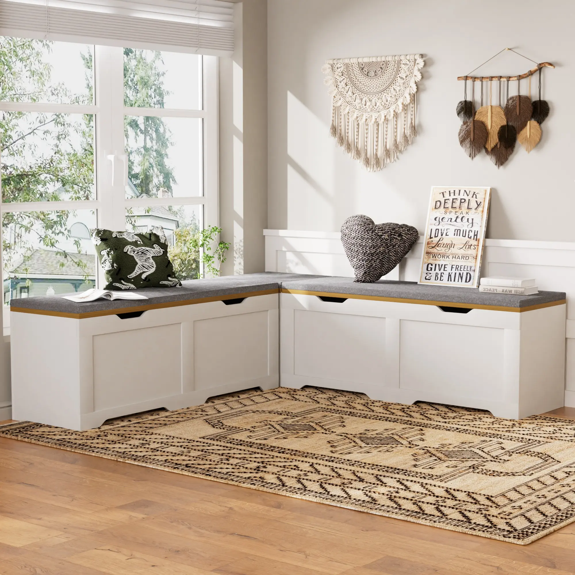 3-Piece L-Shaped Storage Bench with Cushion - Space Saving Corner Seat for Entryway, Mudroom, Living Room, Toy Box & Reading Nook, White+Natural