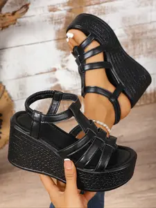 Women's Thick Sole Wedge Sandals Summer Open Toe Platform High Heels, Comfortable Height Increase Large Size Outdoor, One Strap Buckle Design, Elegant Minimalist Sandals
