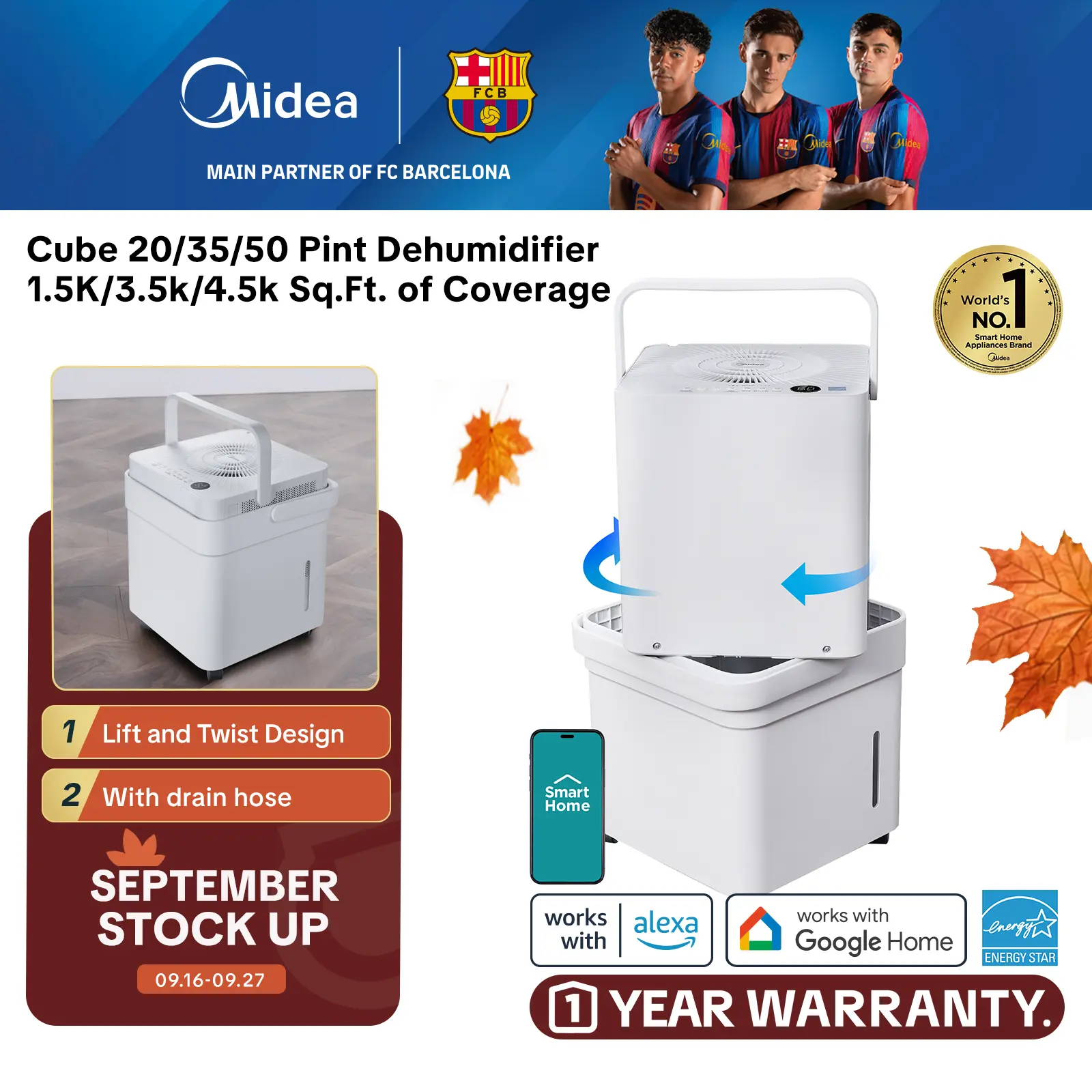 Midea Cube 20 Pint Dehumidifier for Basement and Rooms at Home, Smart Control, ENERGY STAR Efficient, Includes Drain Hose