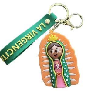 Virgin De Guadalupe Keychain Pendantain - Keychain with Green Cord and Orange Design Featuring De Guadalupe Figure
