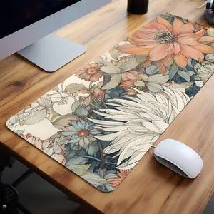 Japanese Minimalist Floral Aesthetic Large Gaming Mouse Pad, Sturdy Non-Slip Rubber Base, Stitched Edge, 35.4x15.7 Inch, Office Desk Accessory