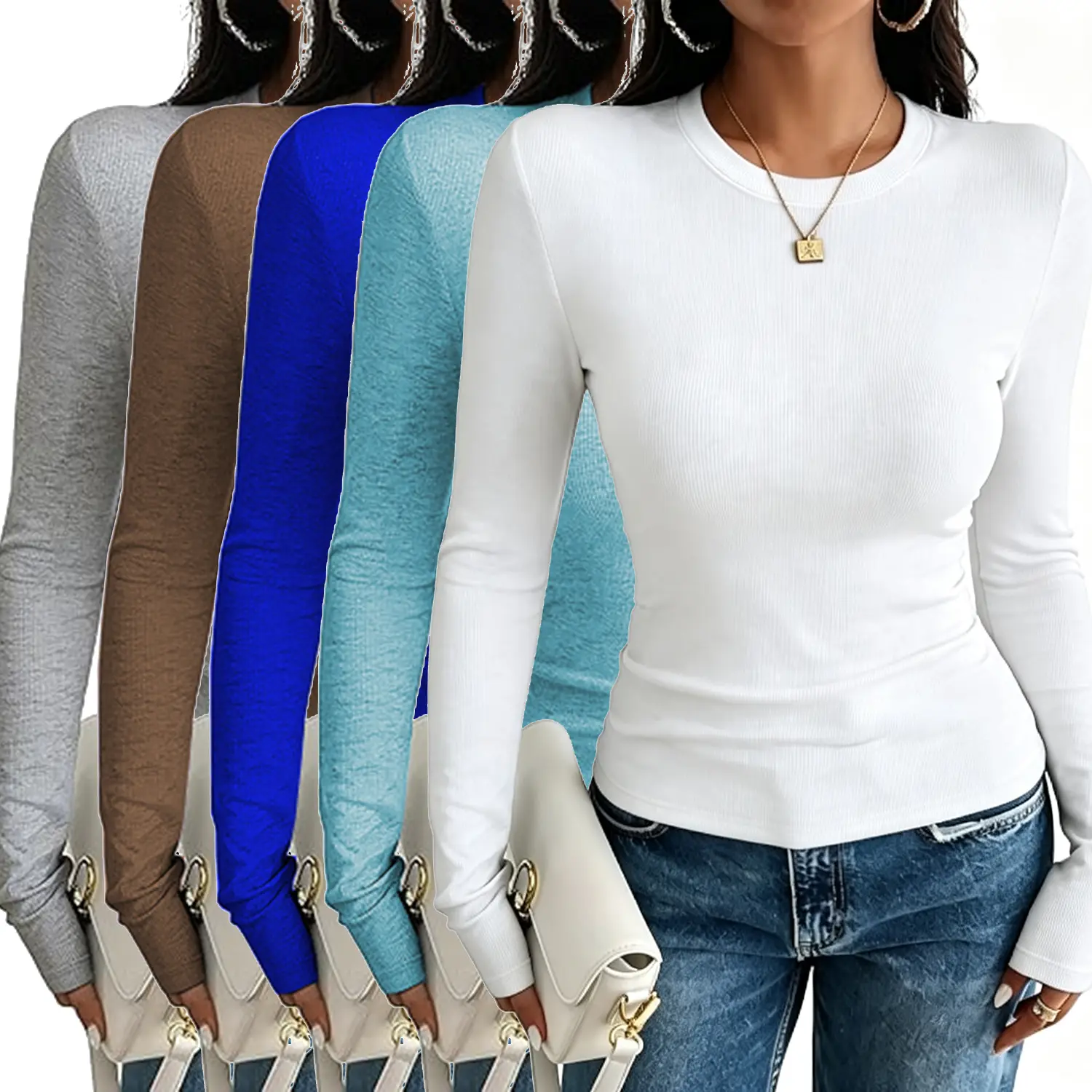 5 Pack Womens Long Sleeve Ribbed Shirts Tops Tight Fit Going Out Top