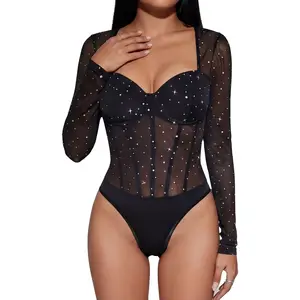 Sunzel Fitted Bodysuit for Women - Long Sleeves, Short Snap Crotch, Sheer Sparkle, Sexy Going Out Rave Leotard Top