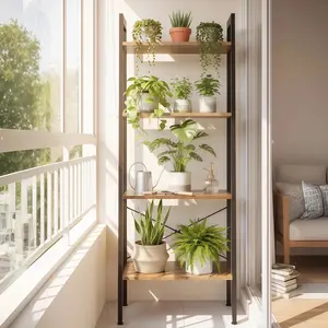 Rustic 4-Tier Ladder Shelf–Stylish Bookcase & Display Shelf with Open Storage for Living Room,Bedroom,Ideal for Books,Plants & Decor,Industrial Ladder Bookshelf, Narrow Ladder Shelf,Tall Standing Bookshelf, Skinny Open Ladder Shelf -duty steel and quality