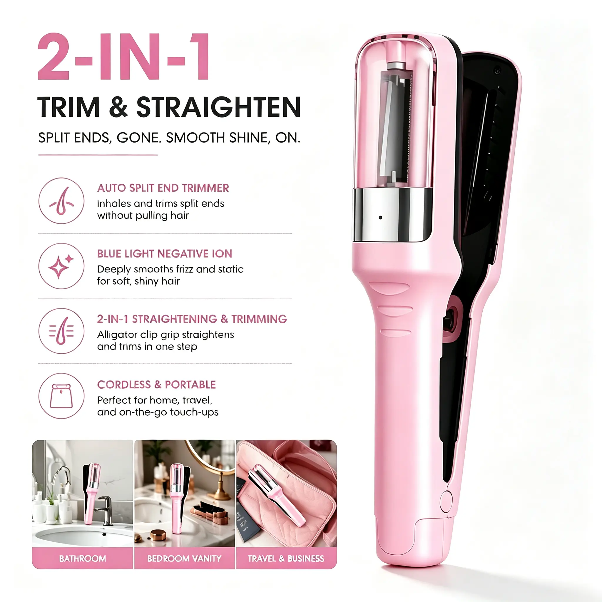 Cordless Rechargeable Split End Hair Trimmer, Portable Wireless Hair Repair Styling Tool, For Dry Damaged Brittle Frizzy Curly & Straight Hair, Home & Travel Hair Care Tool