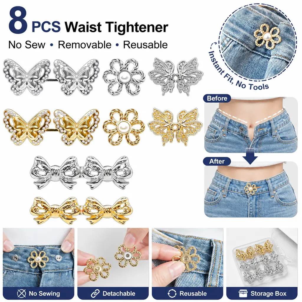 8-Set Pant Waist Tightener - Adjustable Detachable Gold Metal Butterfly Locks, Jeans Buttons for Pants/Shorts, Summer Mid-Year Restock Deals (Office School Supplies Accessory)