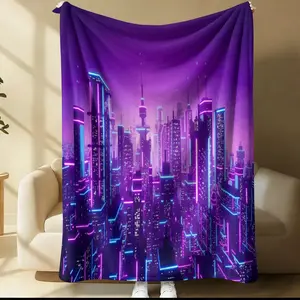 Purple-toned Cyberpunk City Blanket, Multi-Style Neon Cyber City Print, All Seasons Use, Suitable for Bed Sofa Car Room Decor Gift, Kids & Adults