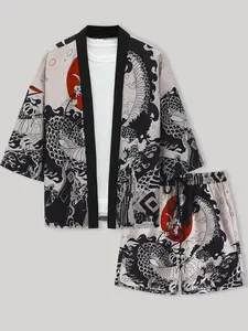 Men's Dragon Print Kimono & Drawstring Waist Shorts Two-Piece Set, Casual Yukata Top & Shorts, Men's Two-Piece Set for Summer Beach Vacation