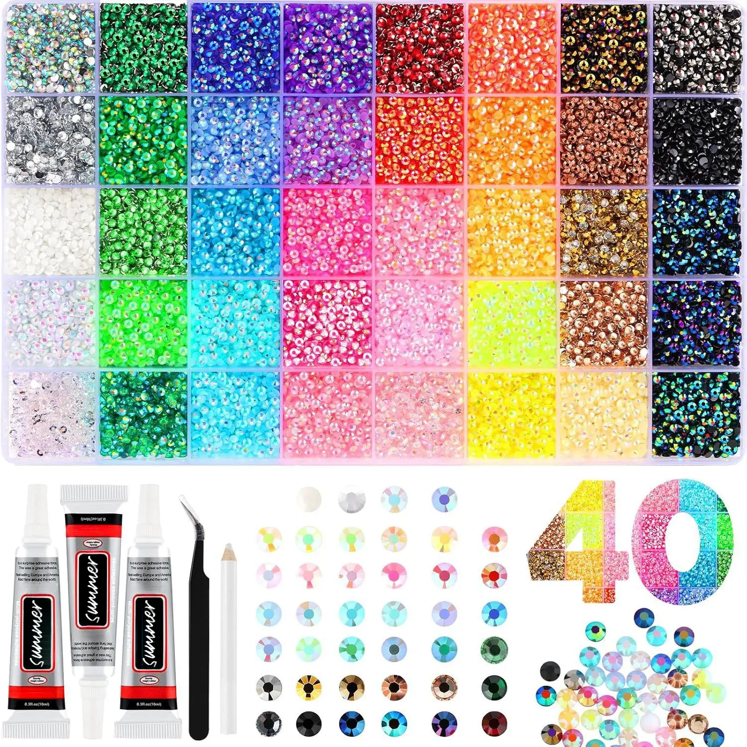 40-color set or 24-color set‌ Resin Jelly Rhinestones for Bedazzling, 3mm 40000 Pcs Flatback Gems for Crafting, Bedazzling Kit for Clothing Shoes Nail Book Diamond Art