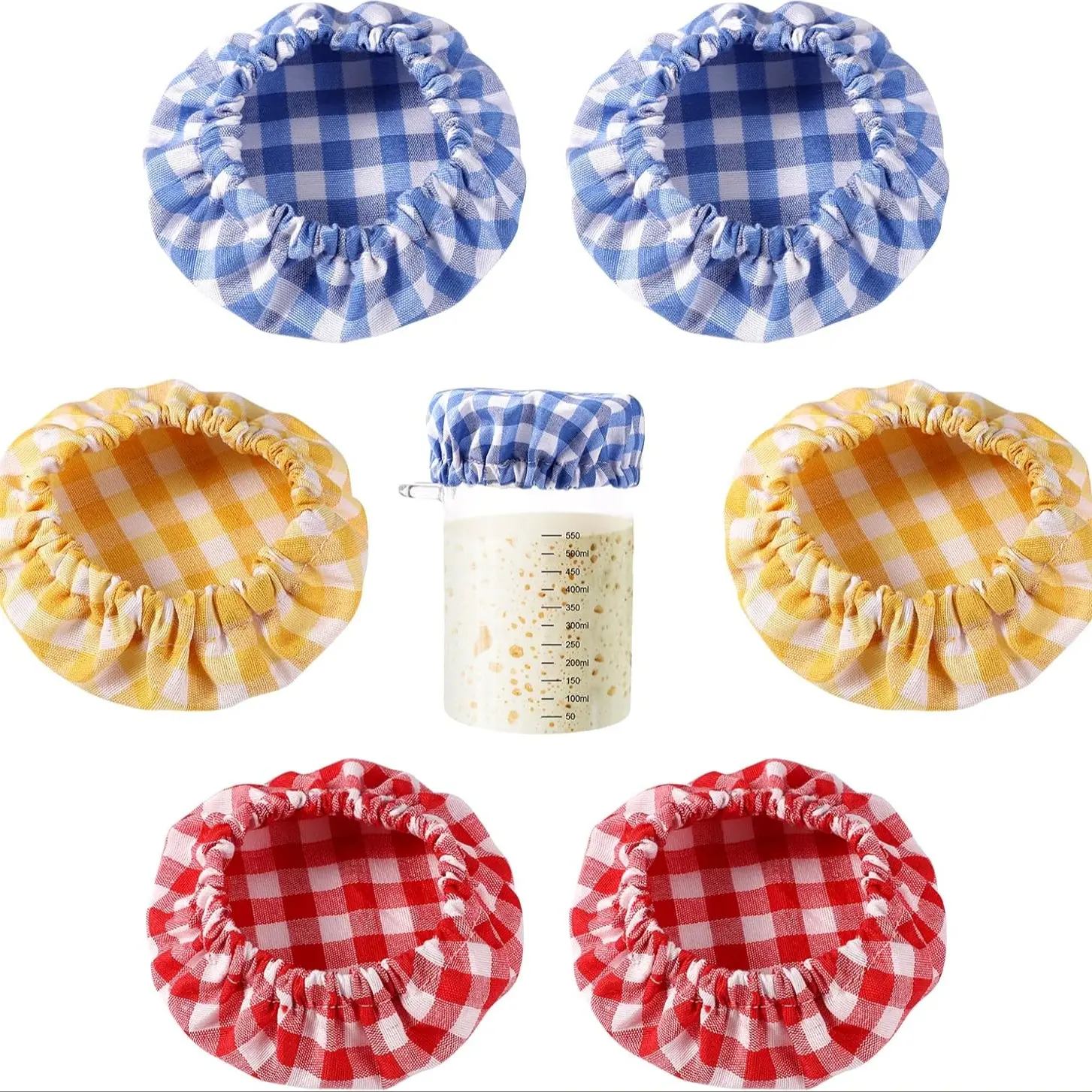 Reusable Fabric Jar Lids Set of 6, Plaid Pattern, Fits 3-4 Inch Jars, Ideal for Food Storage, Kitchen, Fermentation Bowls and Bread Dough Proofing Baskets, Reusable Fabric Covers