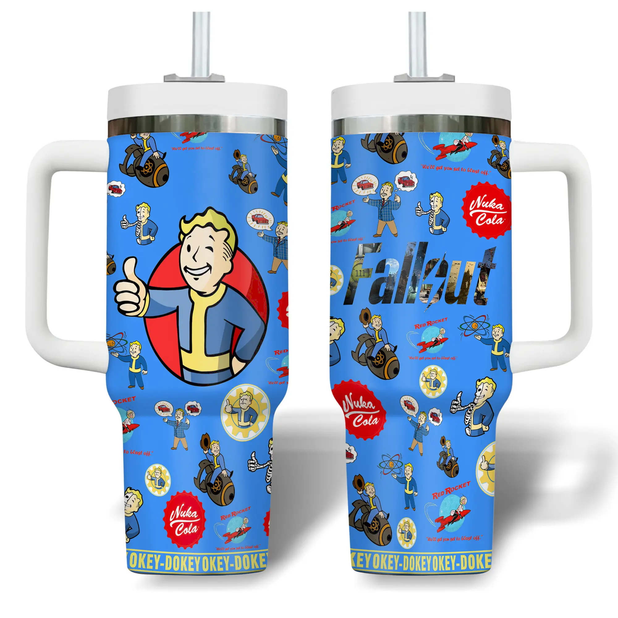 Fallout Vault Boy Inspired 40oz Handle Tumbler - Insulated Stainless Steel Coffee Cup, Stylish Blue Printed Cartoon Art, Lid-Included Retro RPG Gamer Travel Gift Drinkware
