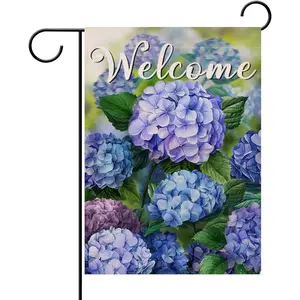 Welcome Spring Floral Flowers Garden Flag Double Sided, Hydrangea Decorative Yard Outdoor Home Small Decor, Summer Farmhouse Burlap Outside House Decoration 12 x 18