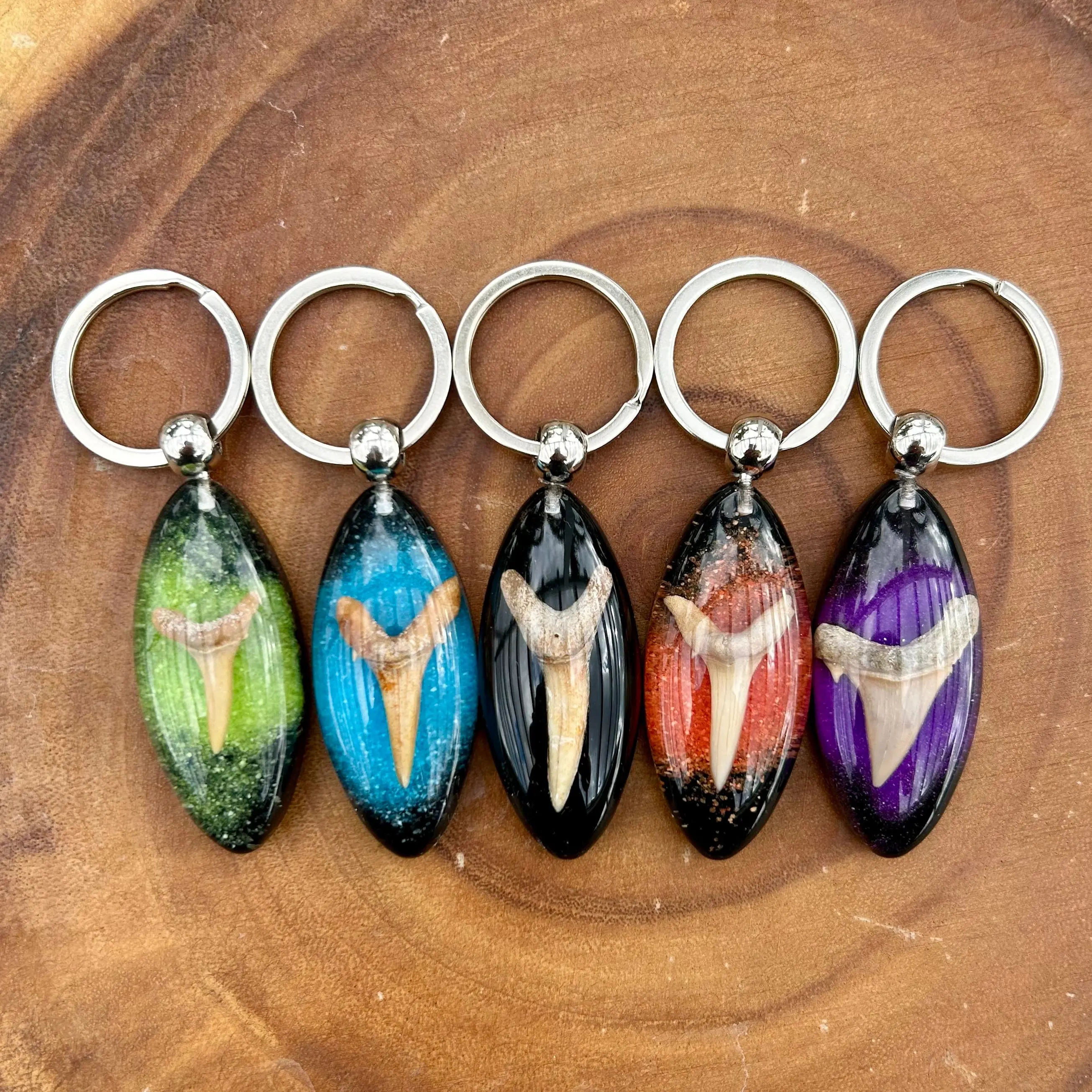 Fossil Shark Tooth Surfboard Shaped Keychain