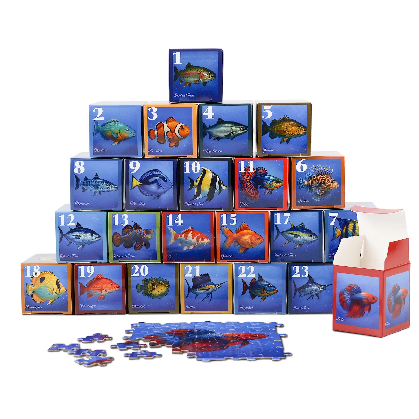 Rokt-razo Fish Daily Puzzle Advent Calendar - 24 Mini Packs, 1000 Pieces, Beginner-Friendly, Durable Materials, 27.5 x 19.7 in Finish Size, Indexed Back, Boosts Children Development, Ideal for Family Game Nights, Christmas Countdown