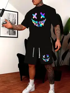 Two-piece Set Two Counts Men's Cartoon Print Casual Tee & Drawstring Waist Shorts Set, Summer Outfits 2024, Short Sleeve T-shirt & Shorts, Summer Streetwear Clothes Set for Daily Wear, Menswear